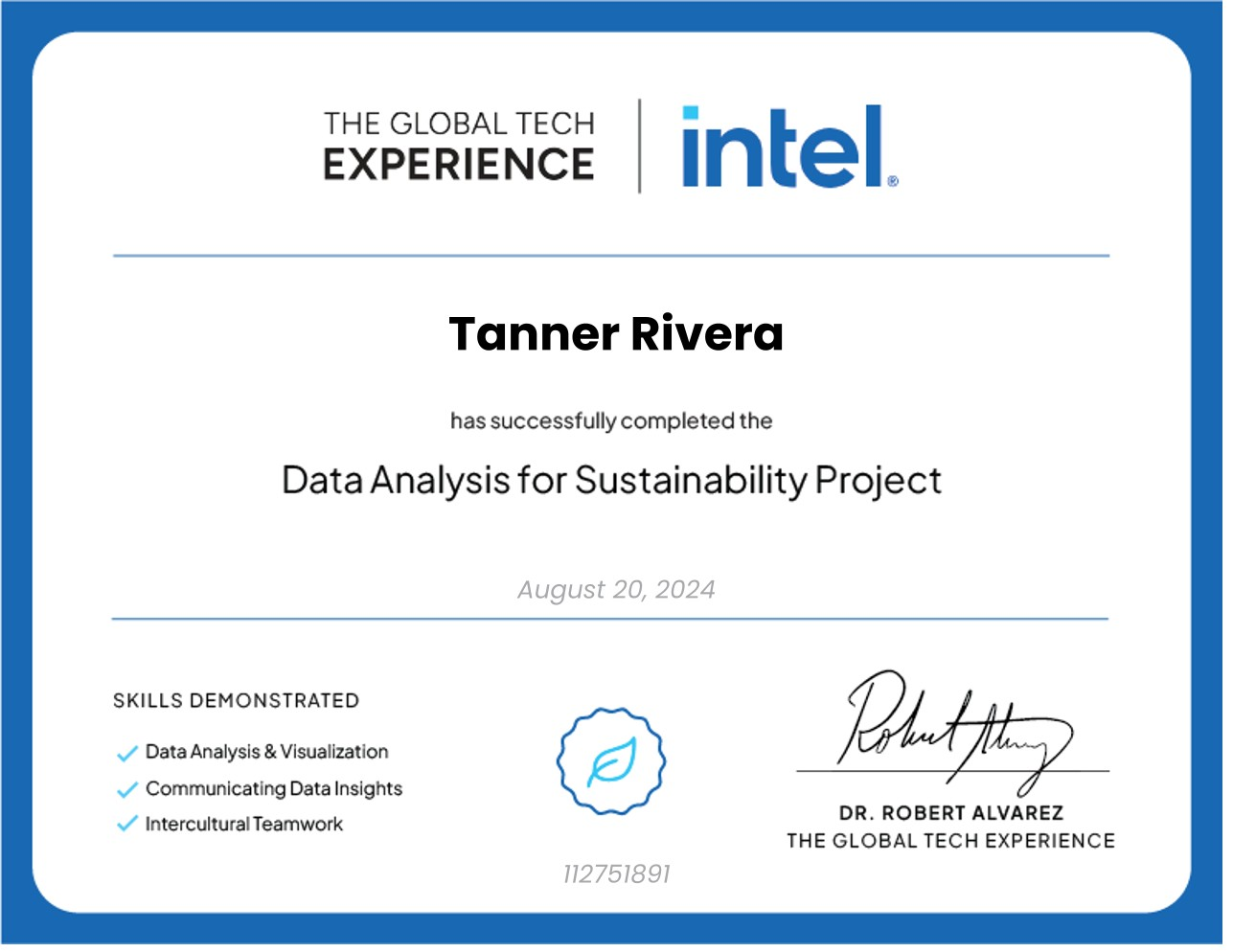 Certificate awarded to Tanner Rivera for completing the Intel Data Analysis for Sustainability Project, August 20, 2024.