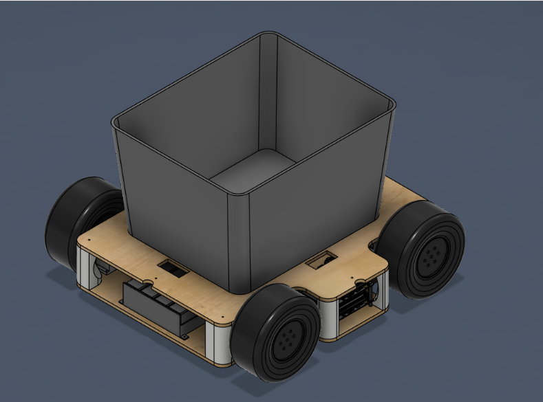 CAD rendering of the shopping cart prototype, with a storage bin on a four-wheel platform.